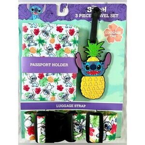 Disney Stitch 3-Piece Travel Set Passport Holder Luggage Tag Strap Tropical